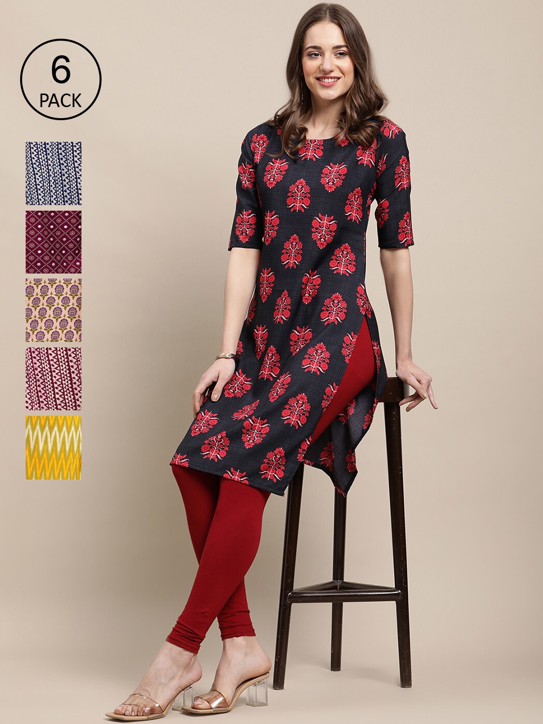 

7Threads Women Pack of 6 Crepe Kurta, Red