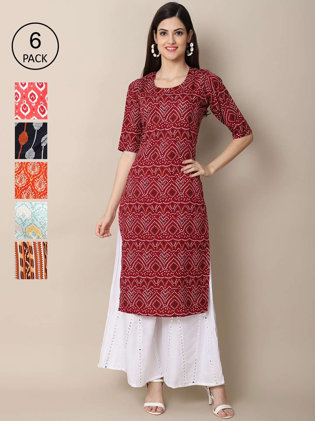 

7Threads Women Pack of 6 Printed Summer Sheers Crepe Kurta, Maroon