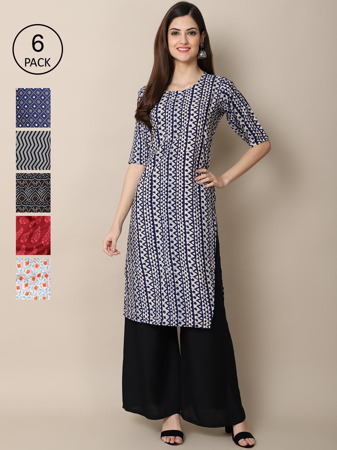 7Threads Women Pack Of 6 Multicoloured Geometric Printed Summer Sheers Crepe Kurta, Multi
