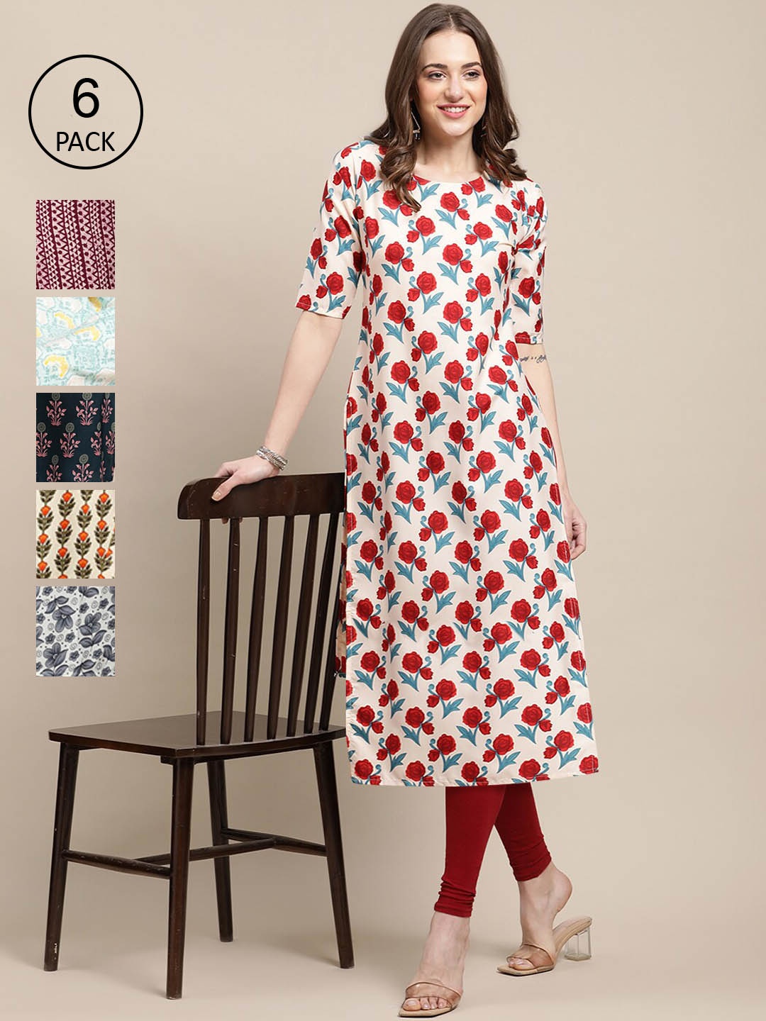 7Threads Women Pack Of 6 Floral Printed Crepe Kurta, Multi