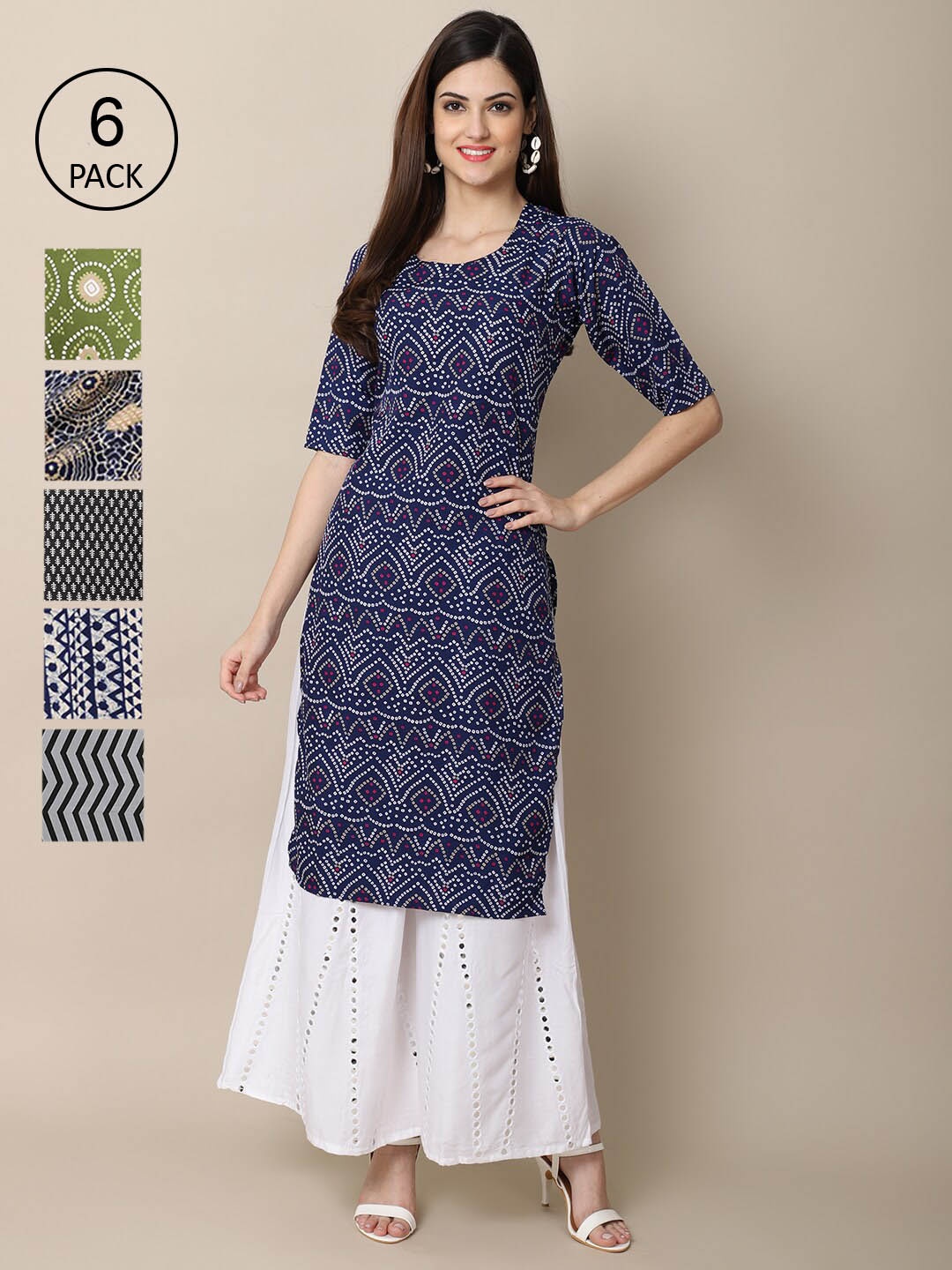 

7Threads Women Pack of 6 Blue & Green Geometric Striped Crepe Kurta