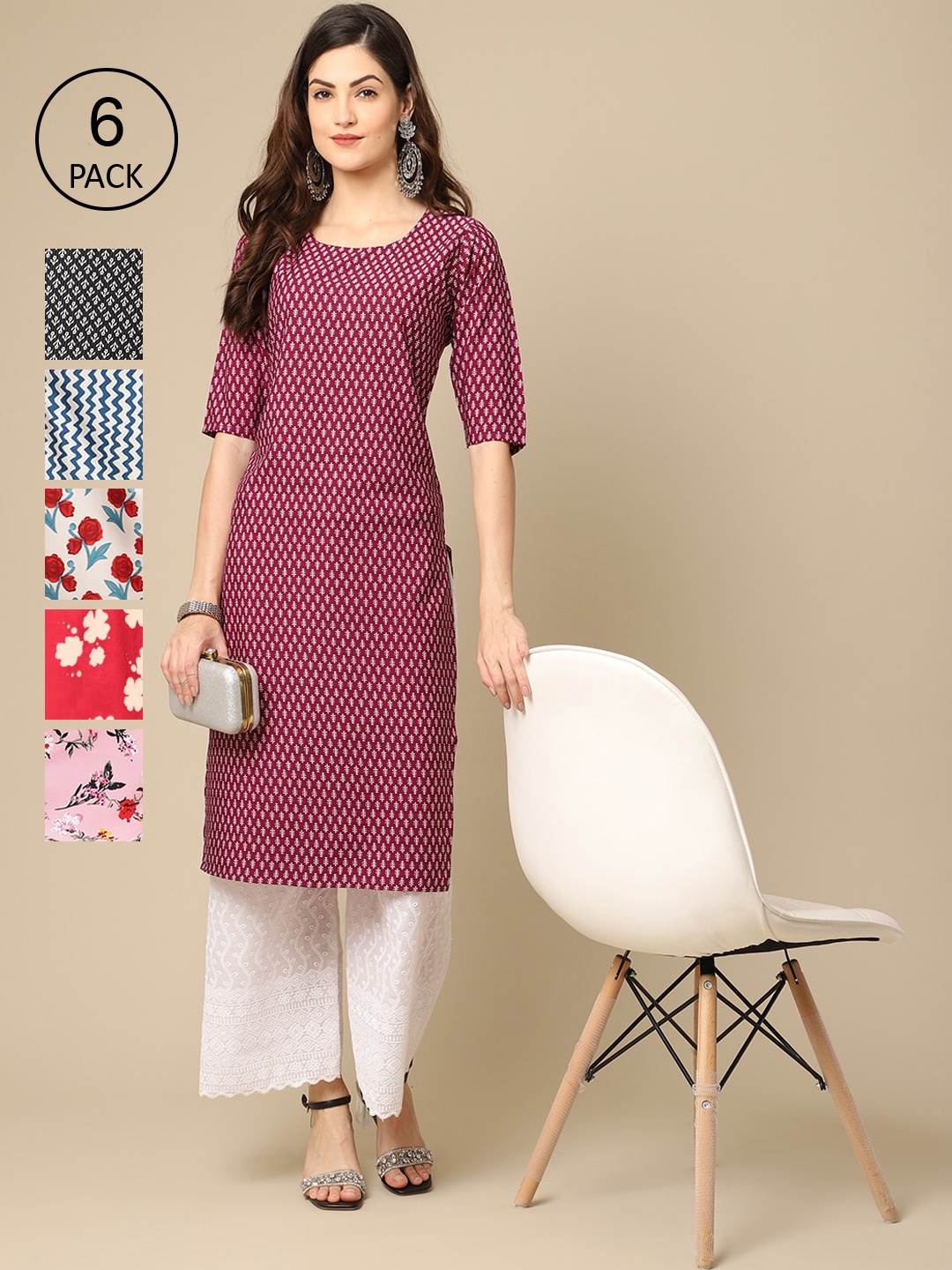 

7Threads Women Pack Of 6 Printed Crepe Kurta, Multi