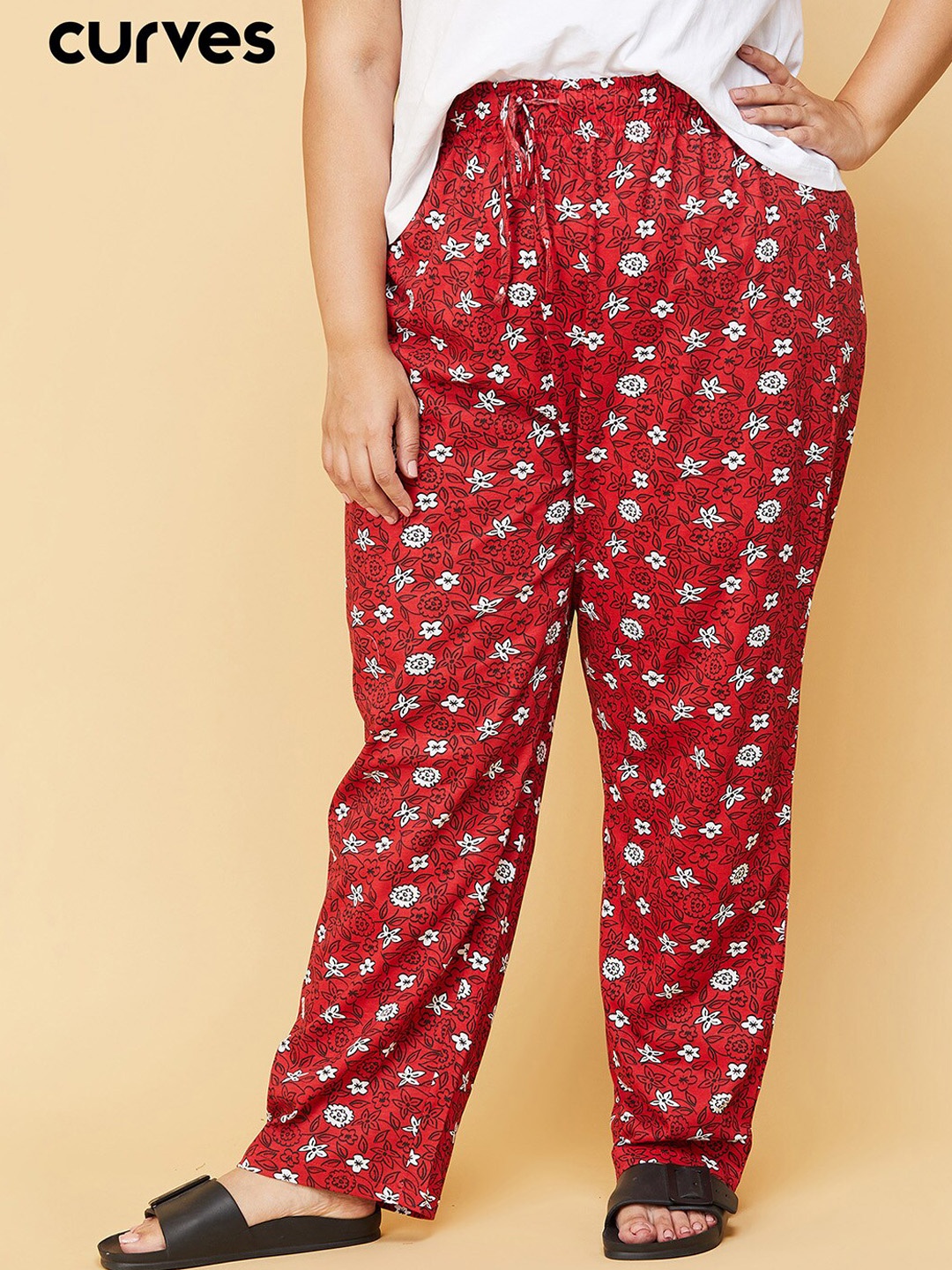 

max Women Plus size Red Floral Printed Pure Cotton Track Pants