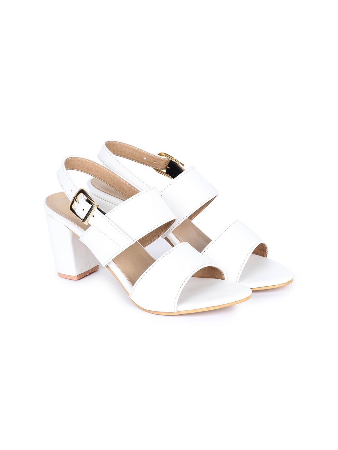 

REEZZ Women White Solid Buckle Detail Party Block Heels