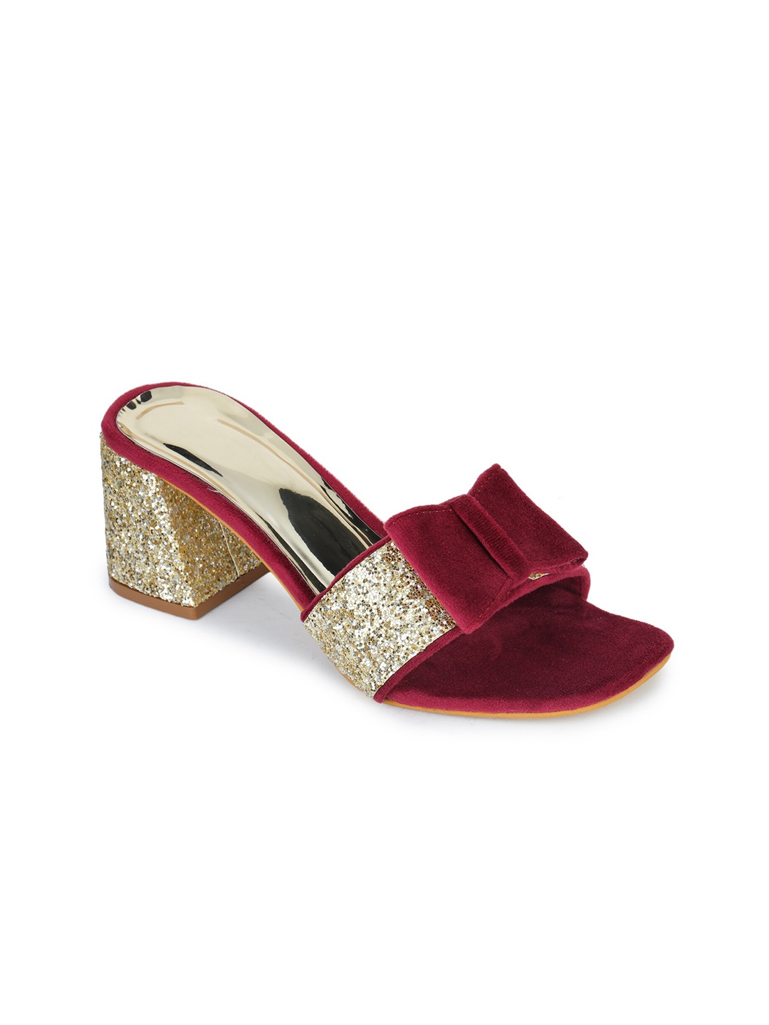 

REEZZ Red Embellished Suede Party Block Heels with Bows