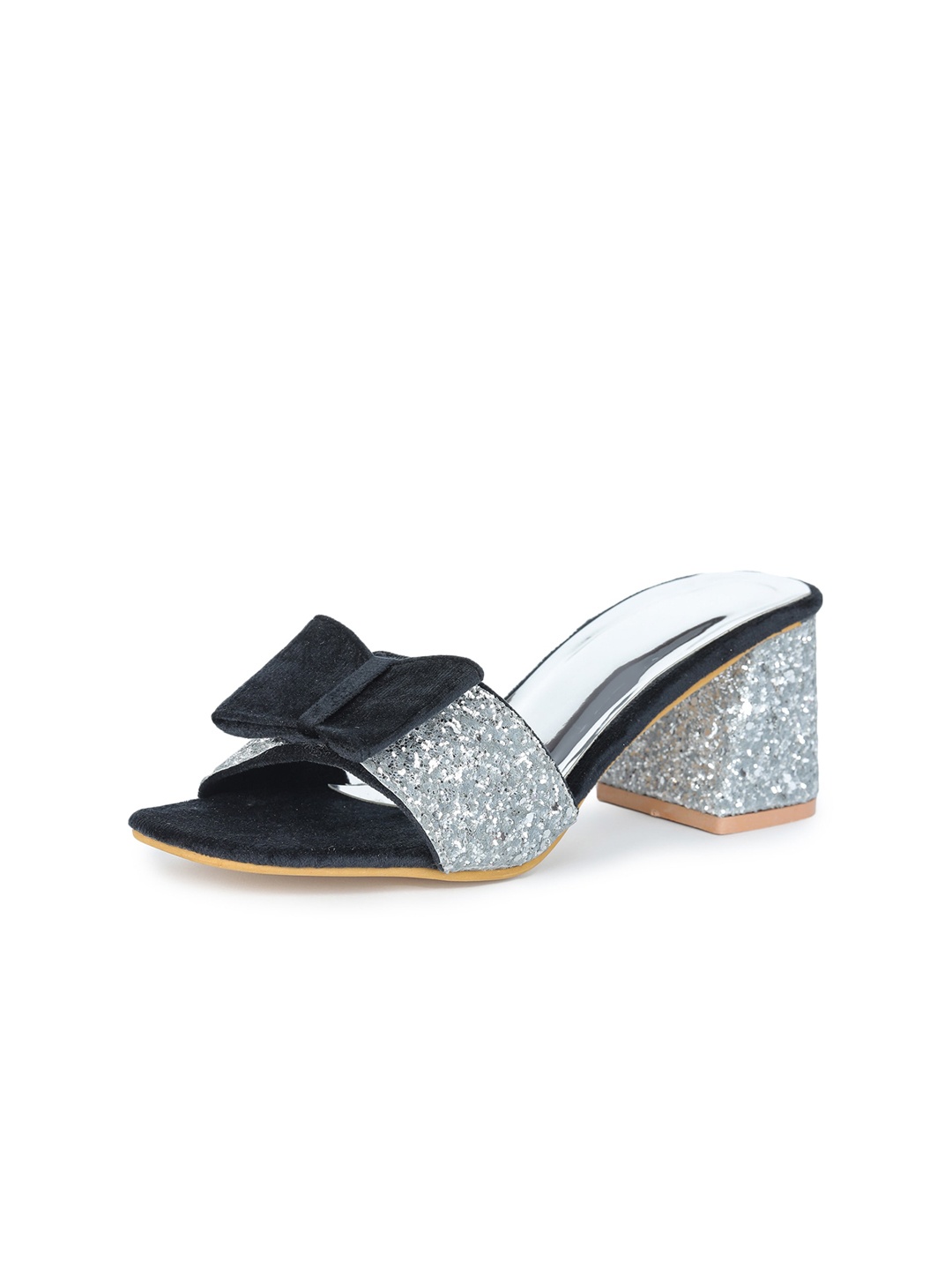 

REEZZ Silver-Toned Embellished Suede Party Block Sandals