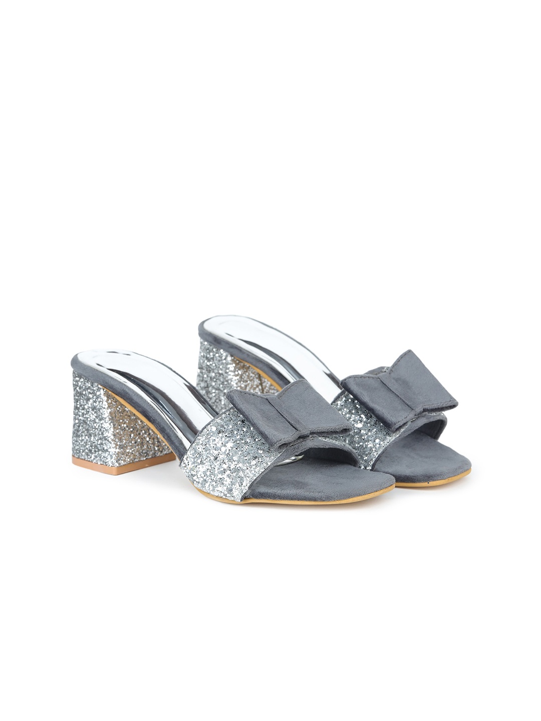 

REEZZ Grey Embellished Suede Party Block Heels with Bows