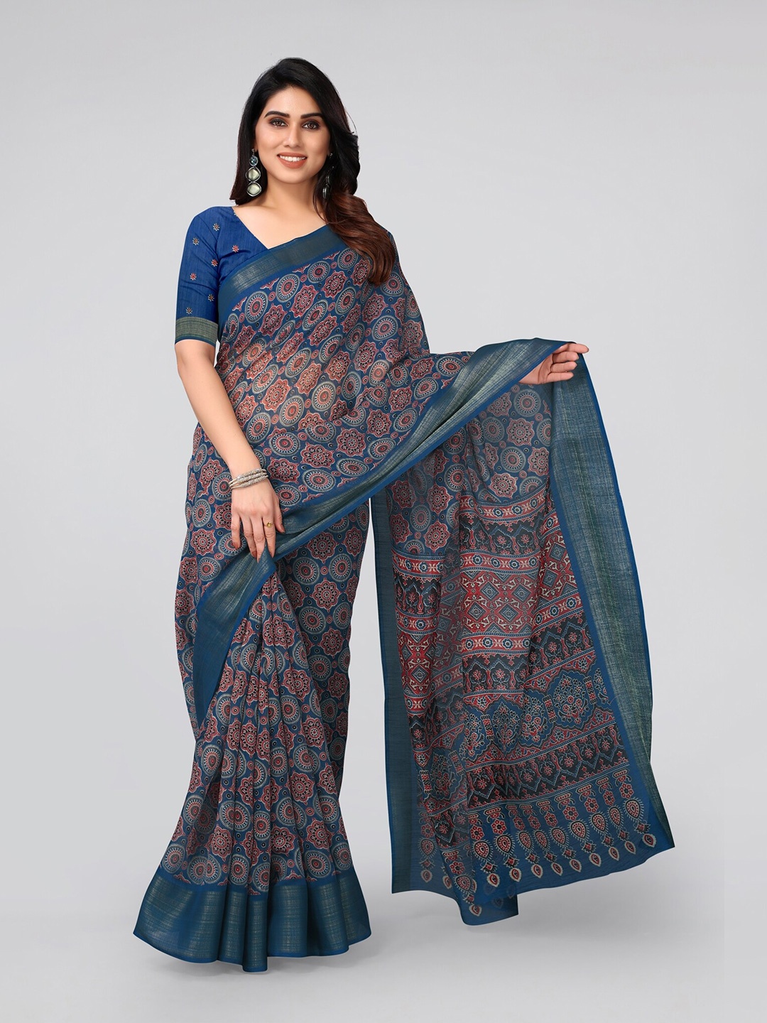 

KALINI Women Blue & Red Cotton Blend Zari Saree