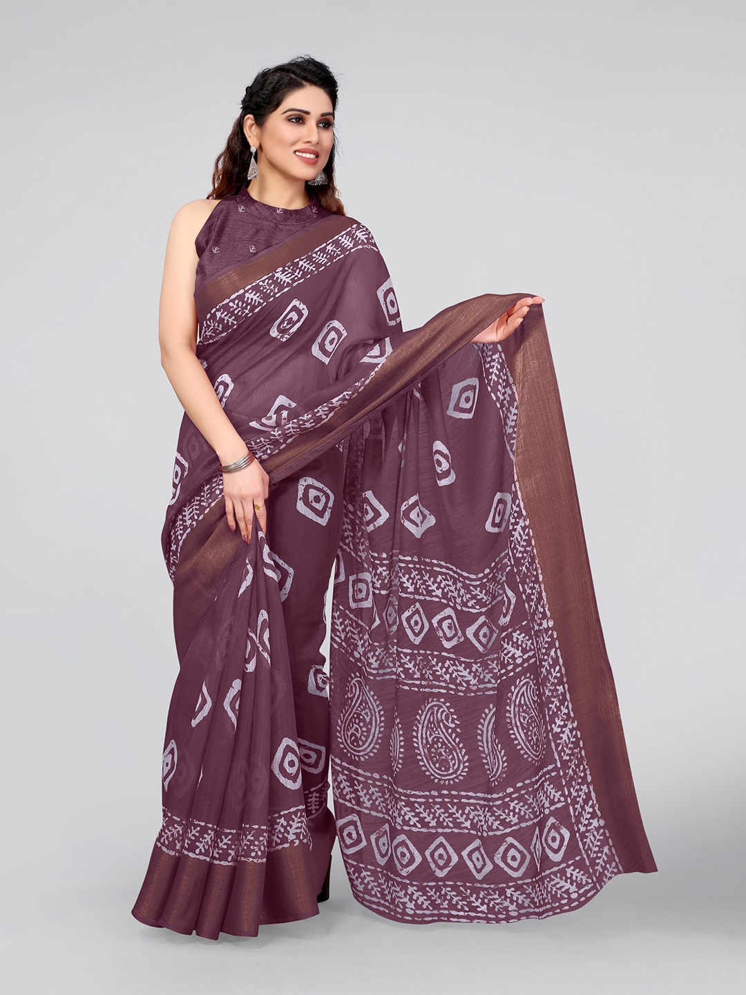 

KALINI Women Wine & White Batik Zari Saree, Purple
