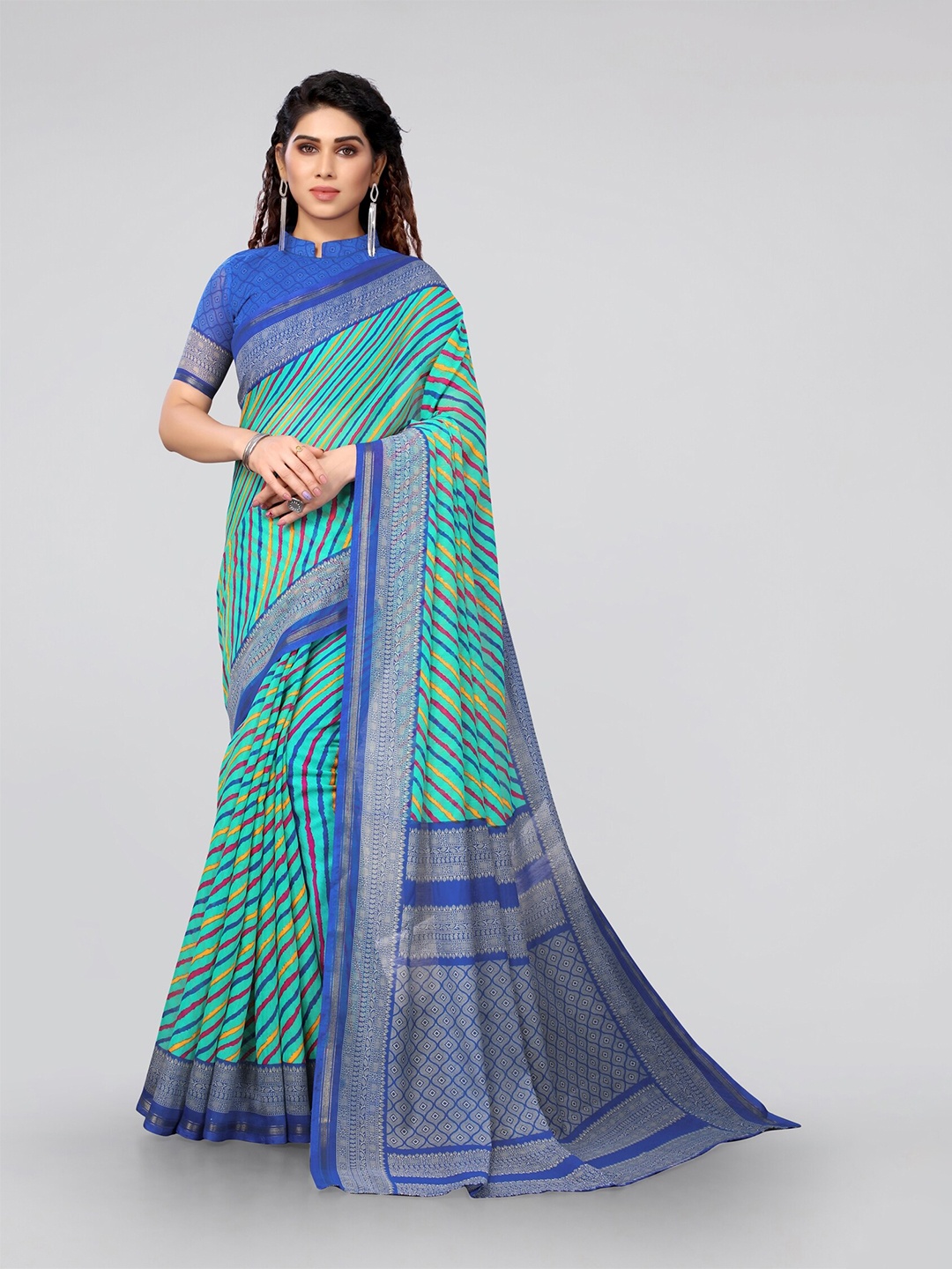 

KALINI Women Green & Blue Zari Leheriya Saree