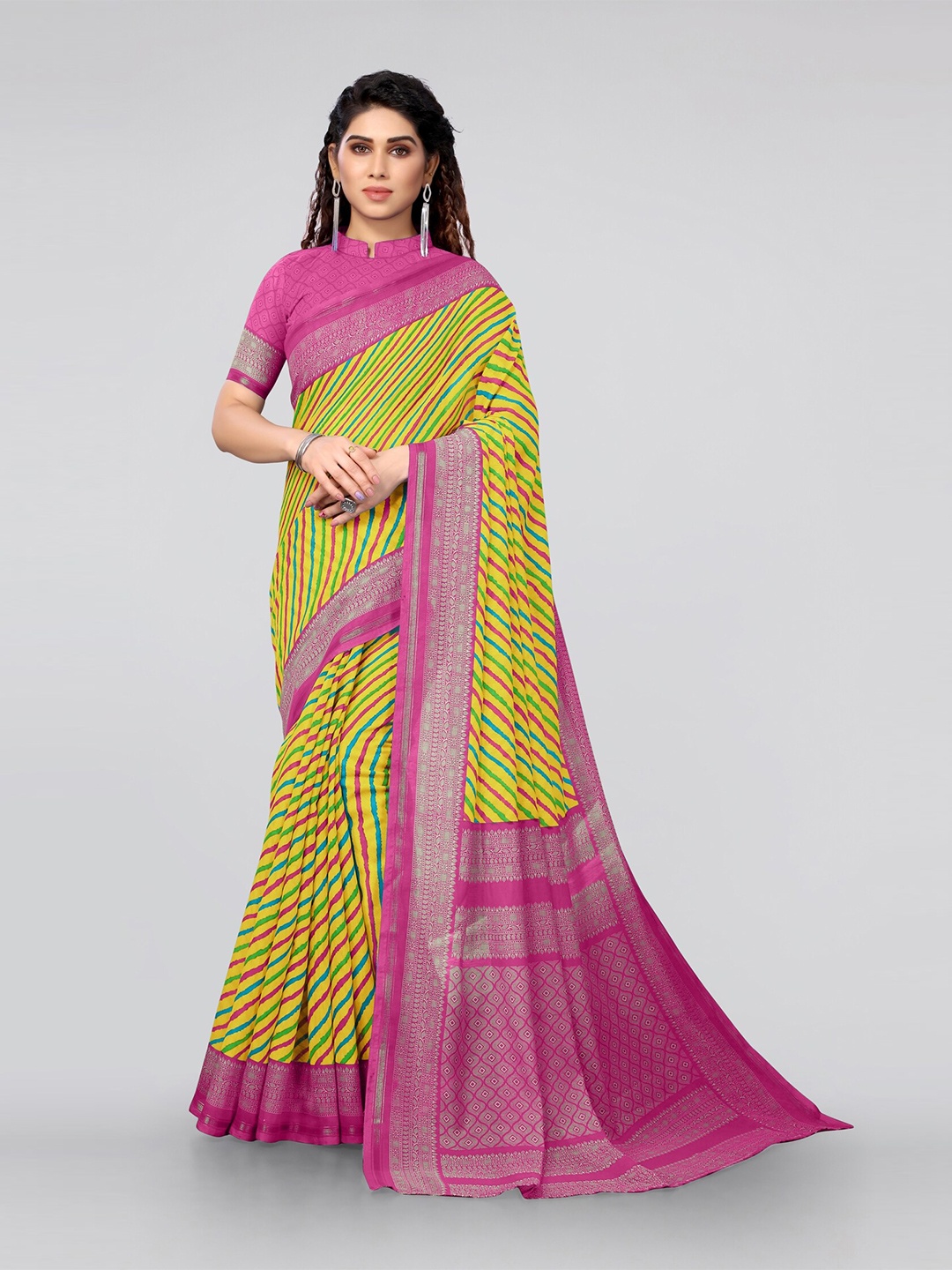 

KALINI Yellow & Pink Zari Leheriya Saree