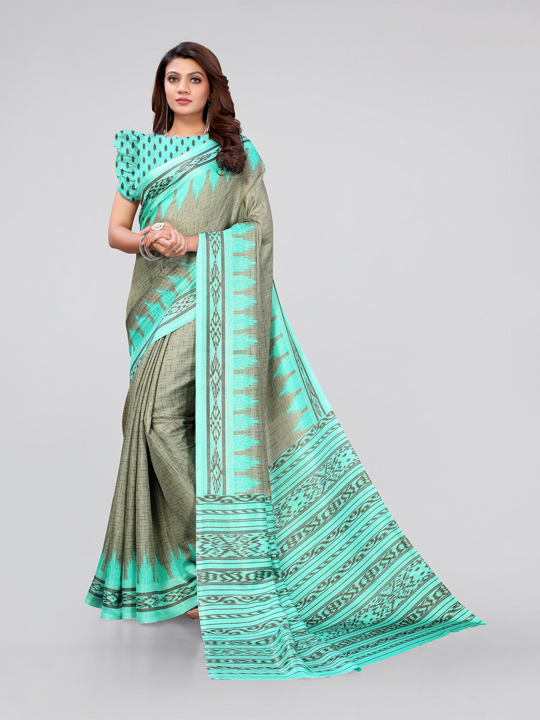 

KALINI Green & Grey Art Silk Ikat Saree