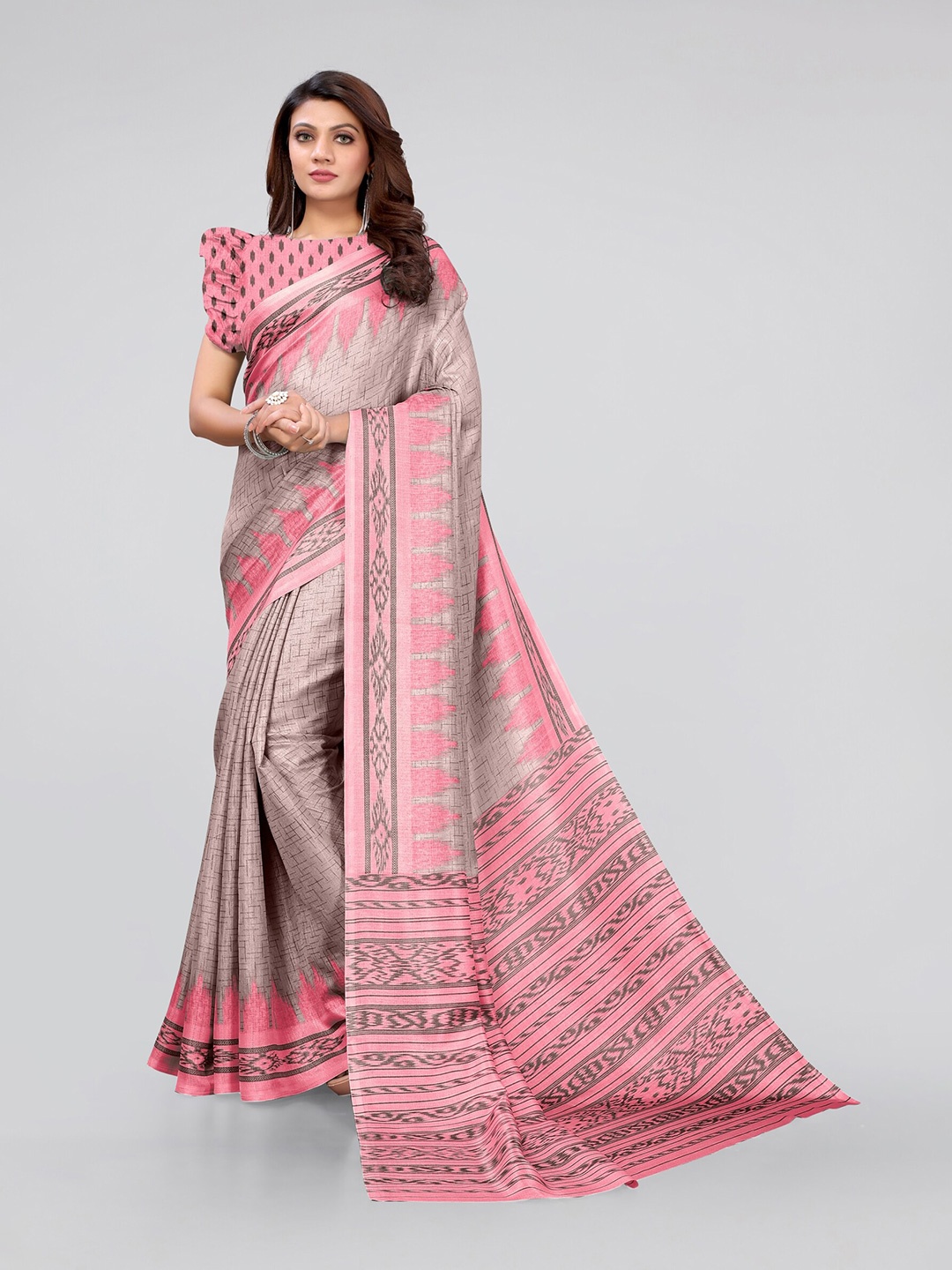 

KALINI Pink & Grey Art Silk Ikat Saree