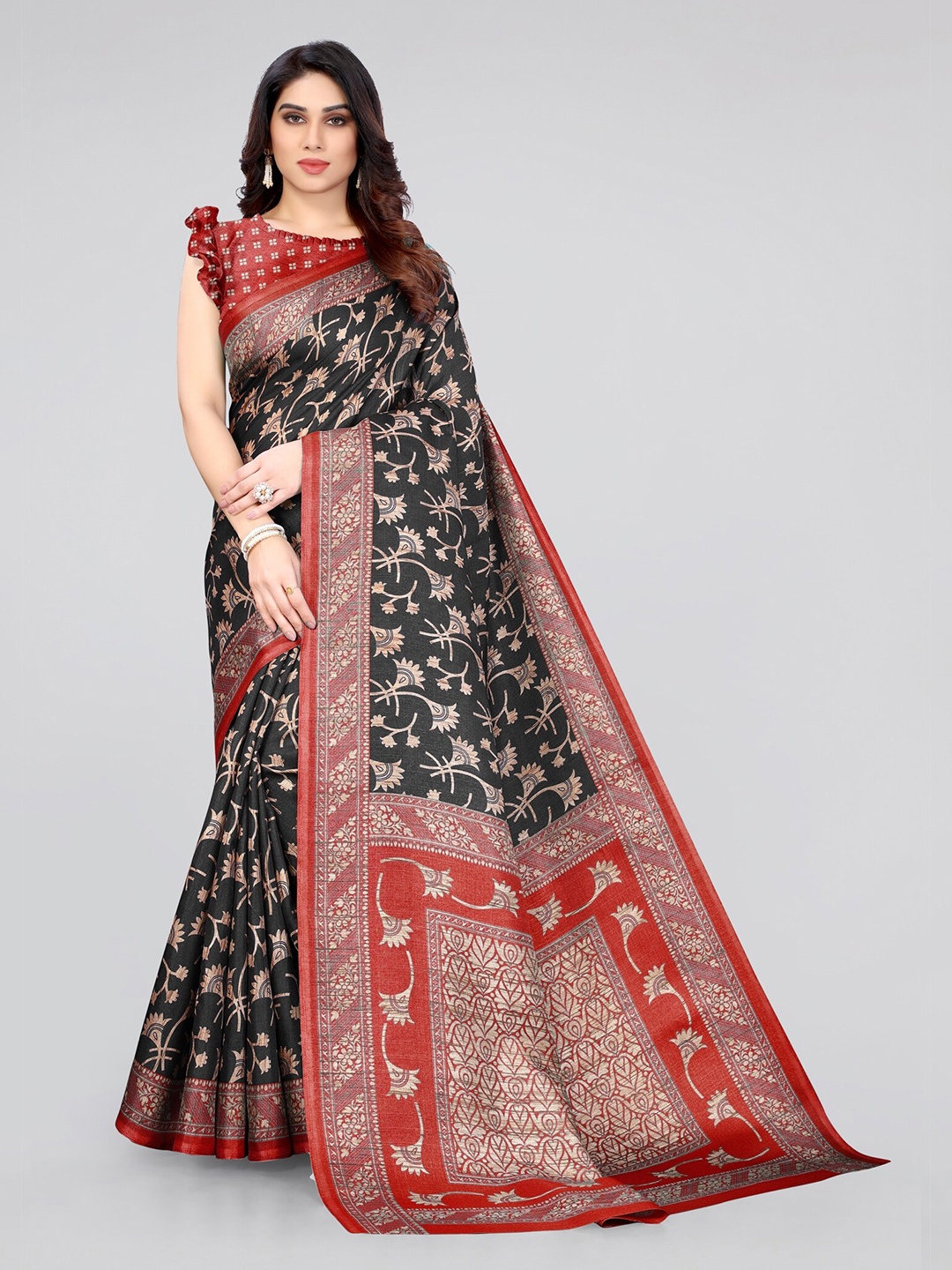 

KALINI Black & Red Floral Art Silk Saree
