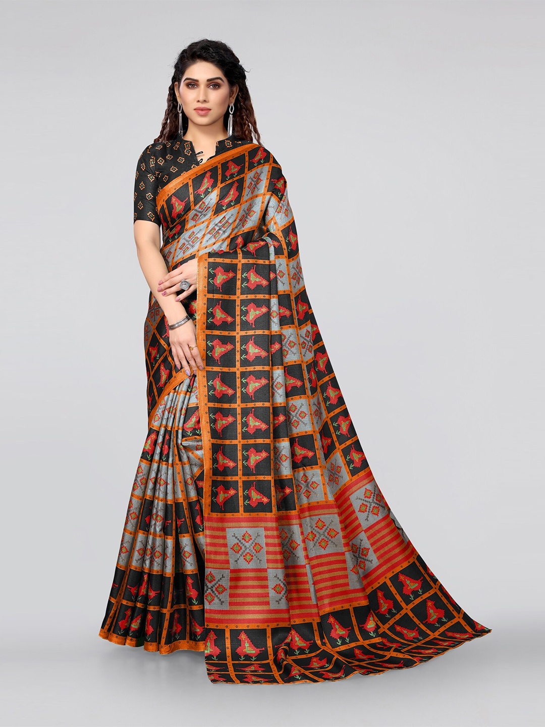 

KALINI Grey & Red Ethnic Motifs Art Silk Saree