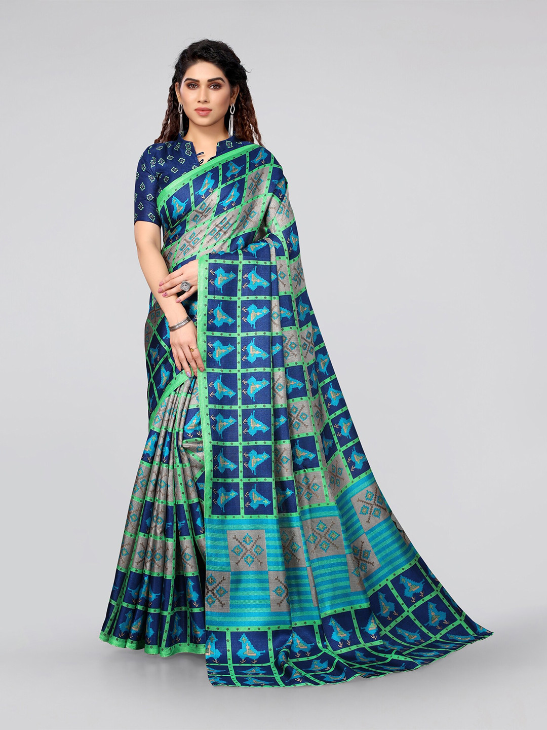 

KALINI Women Blue & Green Checked Art Silk Saree