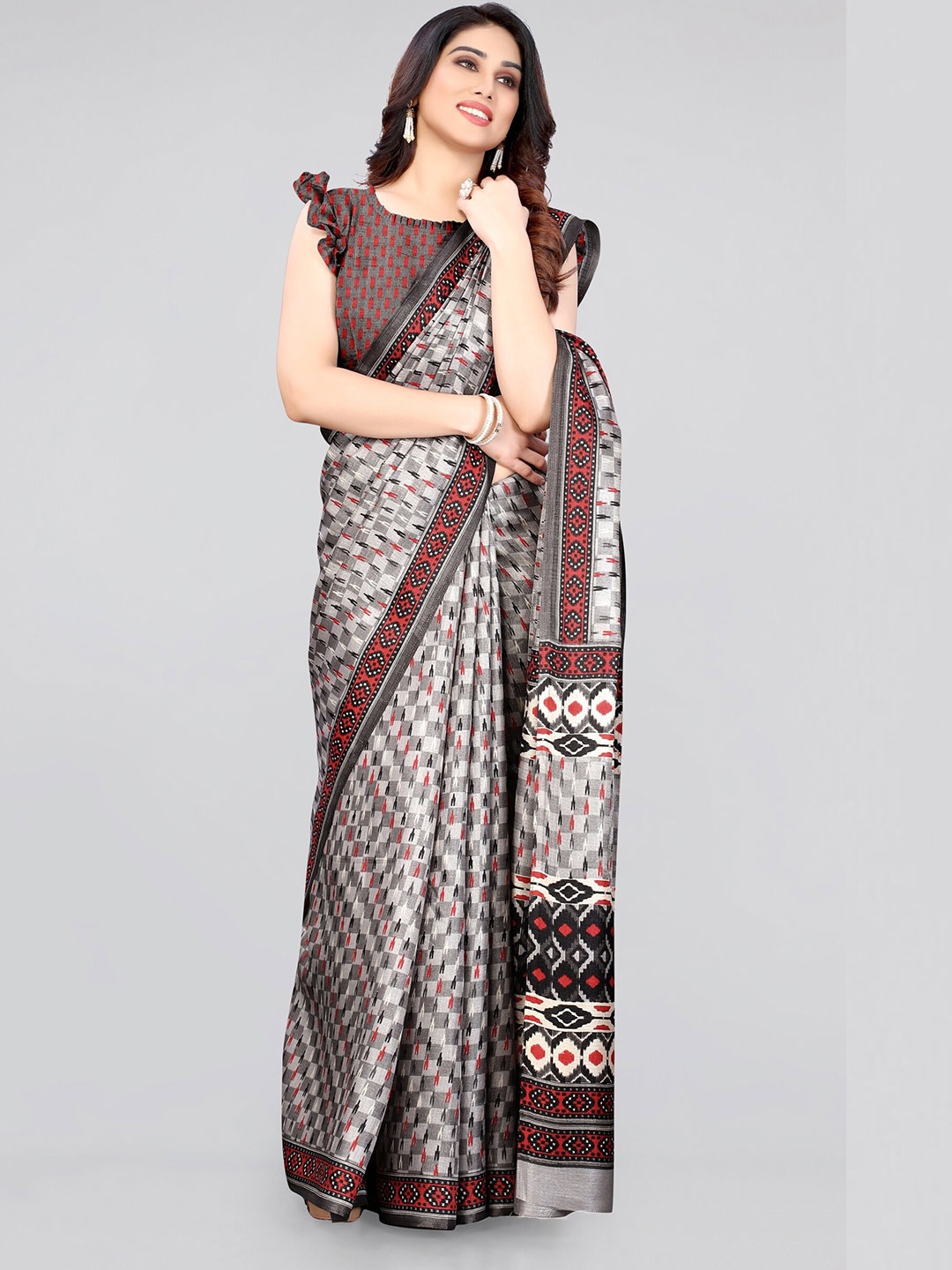 

KALINI Grey & Red Art Silk Ikat Saree