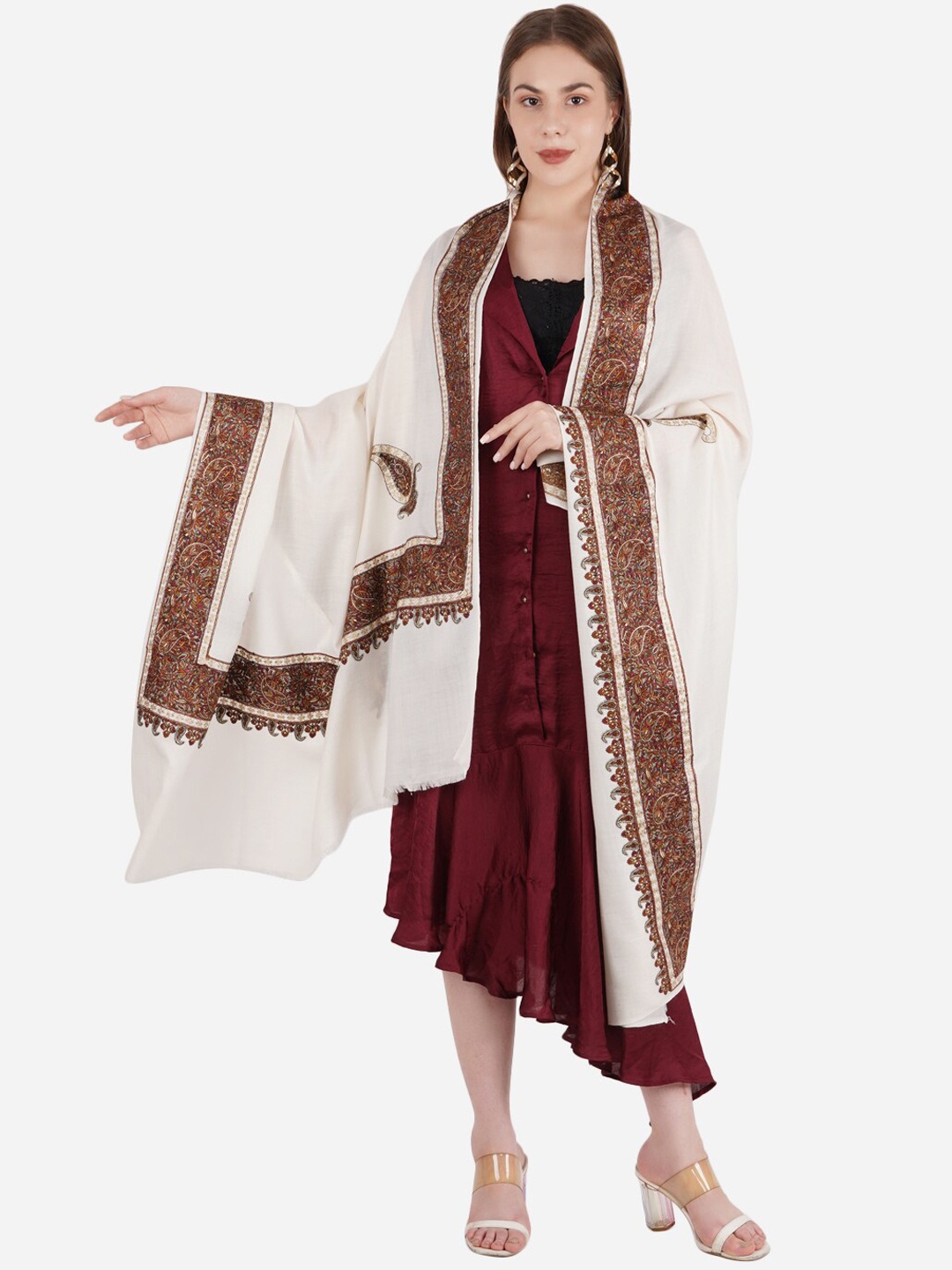 

MUFFLY Women White Embroidered Pashmina Fine Wool Shawl