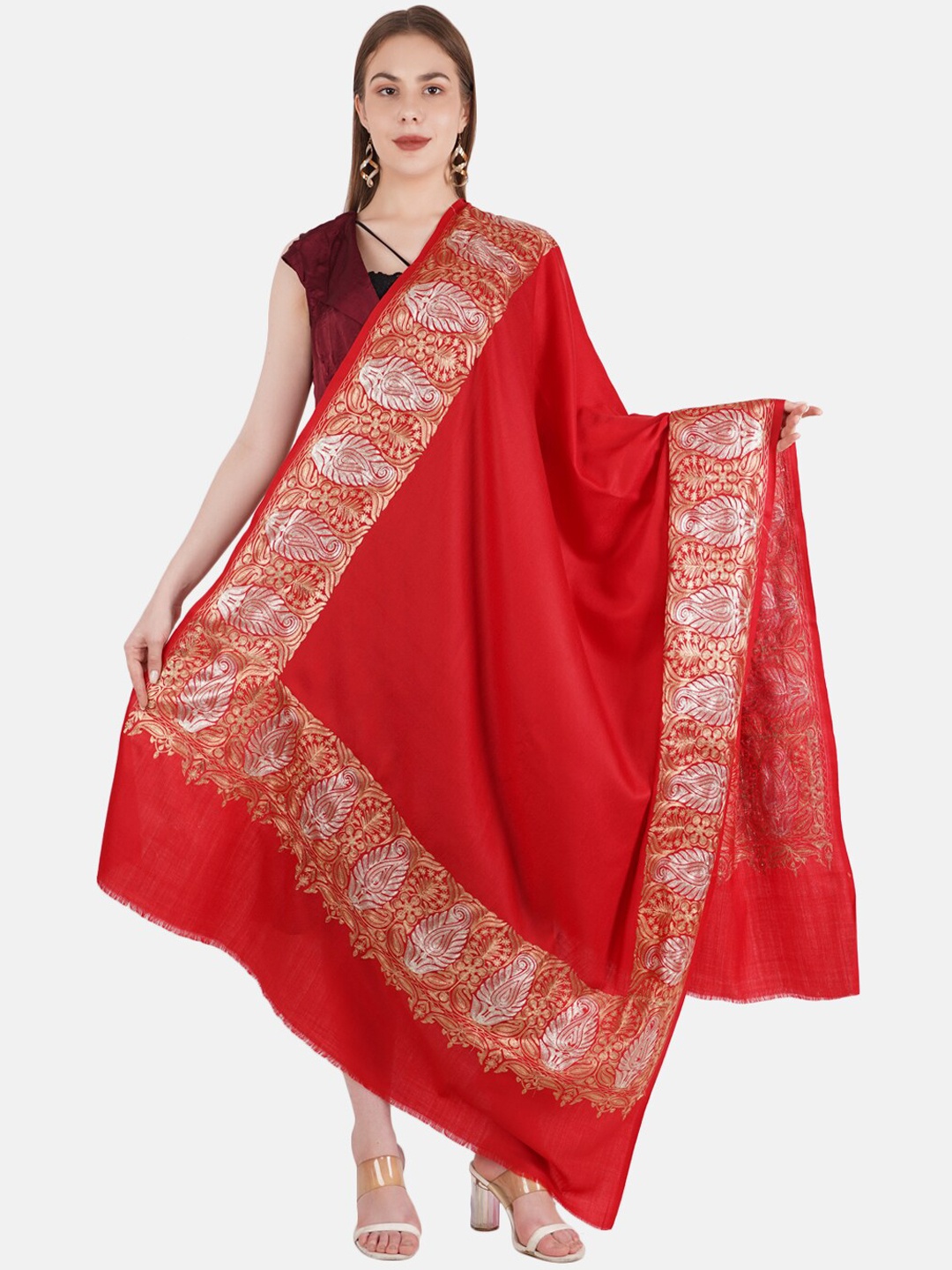 

MUFFLY Women Red Zari Embroidered Woolen Shawl