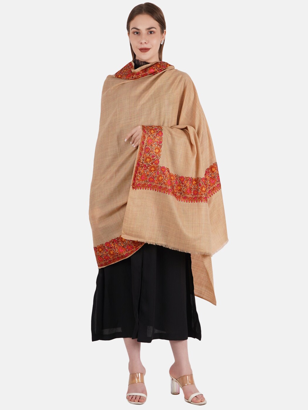 

MUFFLY Women Brown Embroidered Pashmina Shawl, Beige