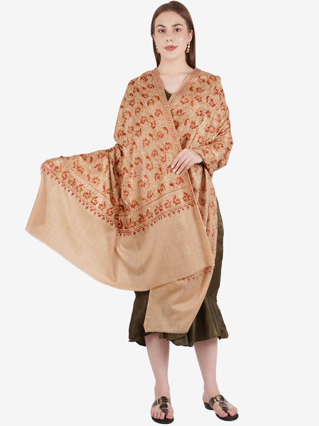 

MUFFLY Women Beige Embroidery Pashmina Woolen Shawl, Brown