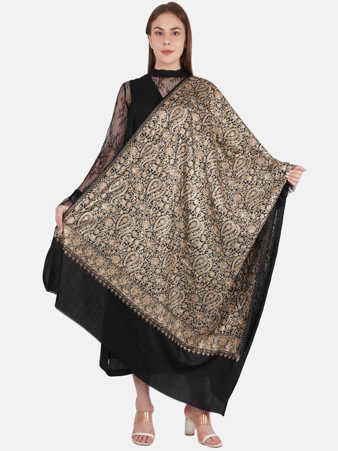 

MUFFLY Women Black & Gold-Toned Embroidered Shawl