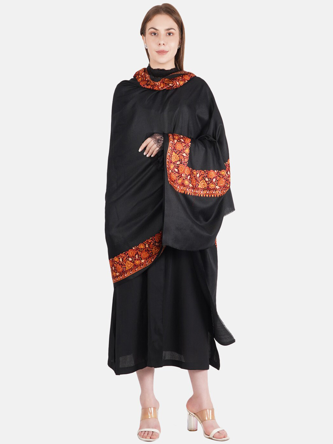 

MUFFLY Women Red & Black Embroidered Pashmina Fine Wool