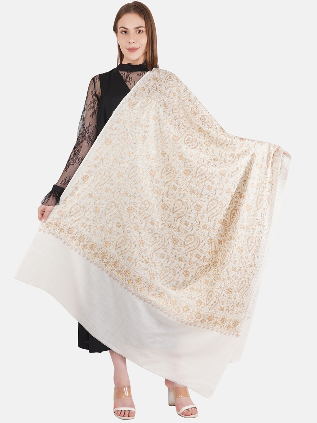 

MUFFLY Women White Pashmina Fine Wool Embroidered Shawl