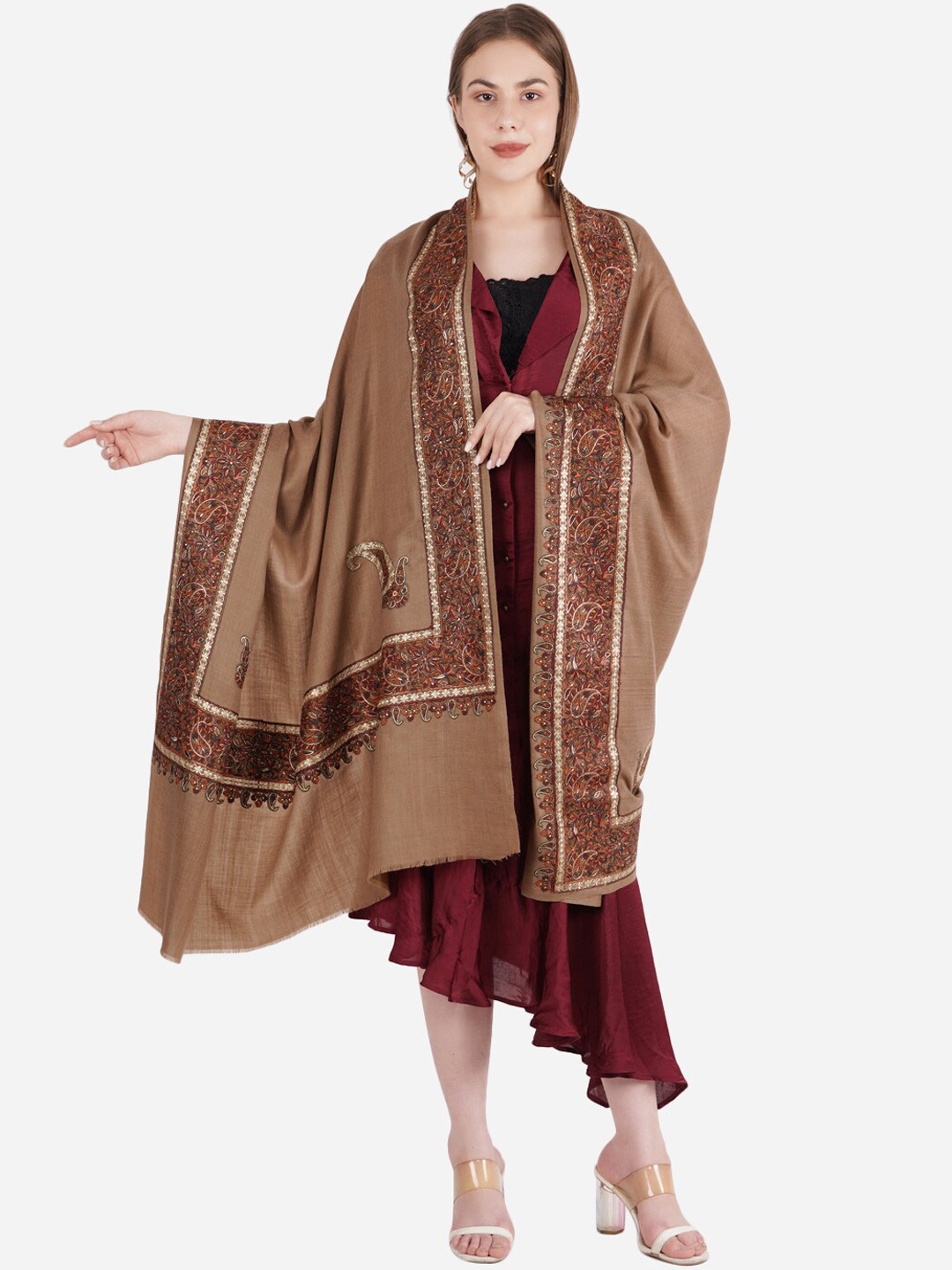

MUFFLY Women Brown Embroidered Pashmina Woolen Shawl, Multi