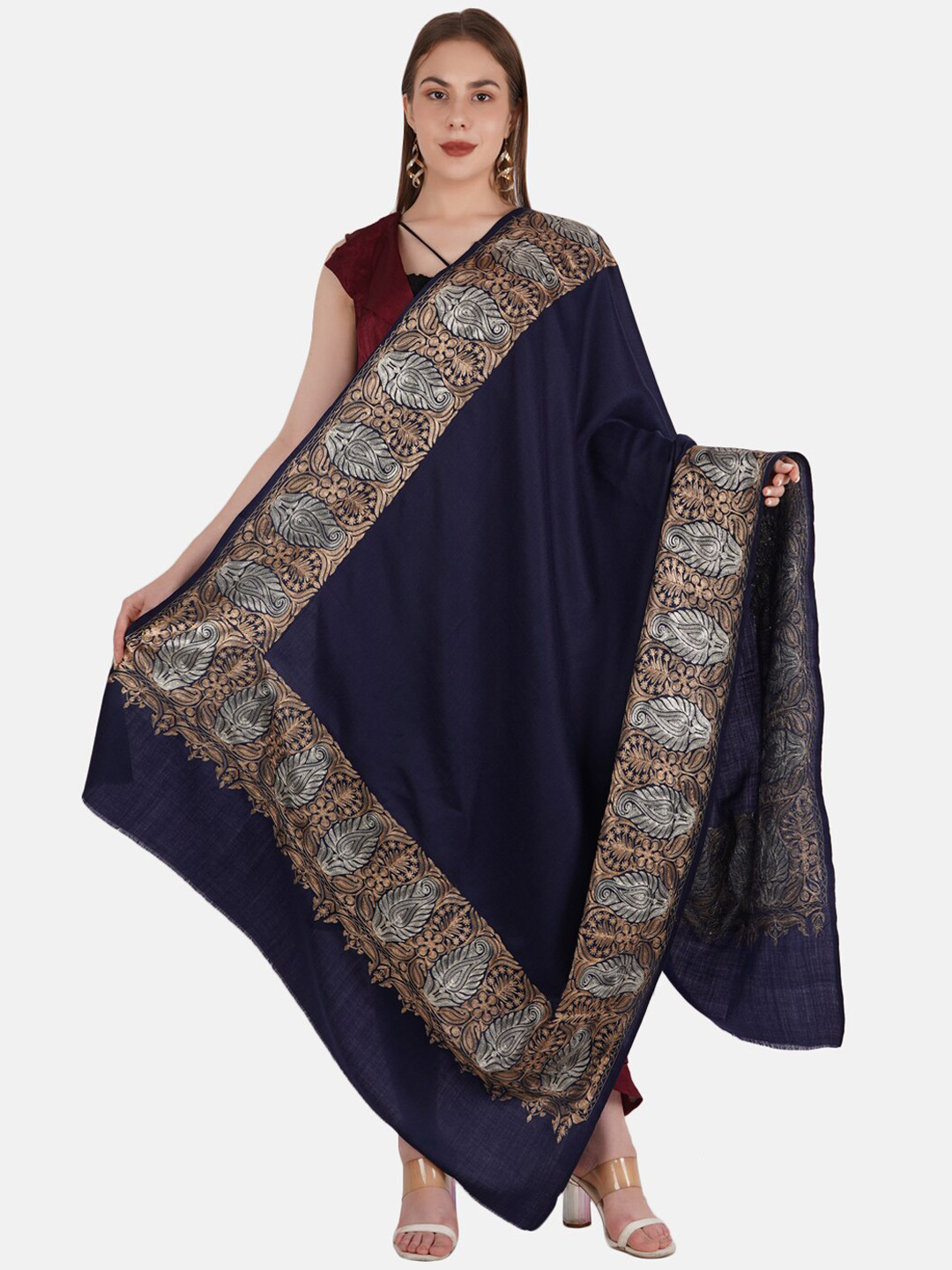 

MUFFLY Women Black Embroidered Pashmina Woolen Shawl, Navy blue