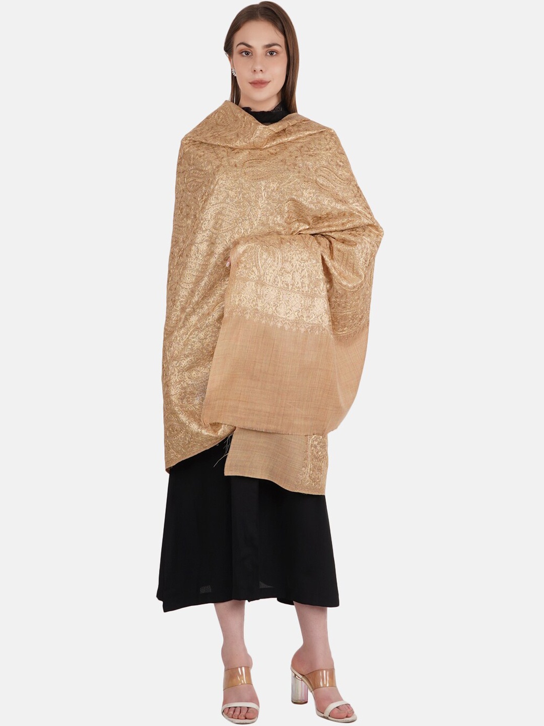 

MUFFLY Women Gold-Toned Zari Embroidered Pashmina Wool Shawl