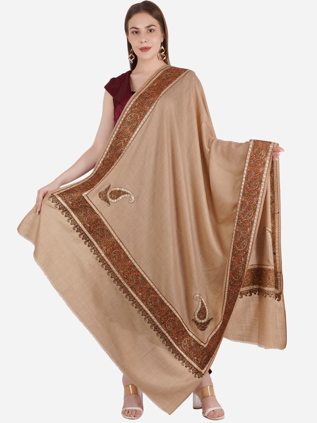 

MUFFLY Women Beige & Brown Embroidered Shawl