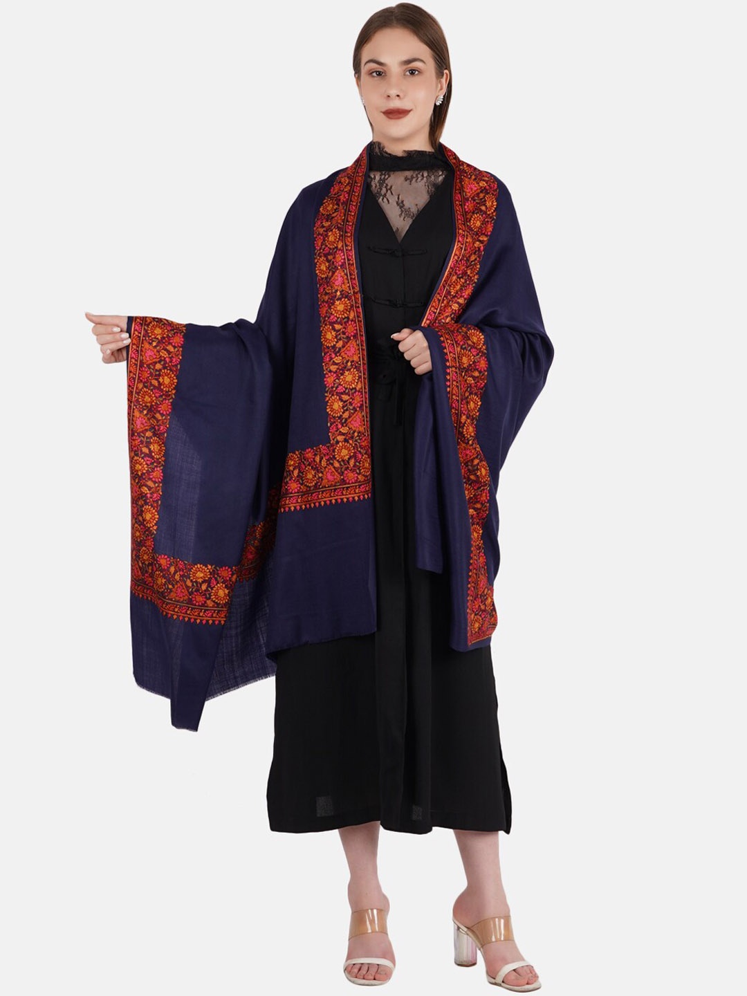 

MUFFLY Women Navy Blue & Red Embroidered Pashmina Fine Wool