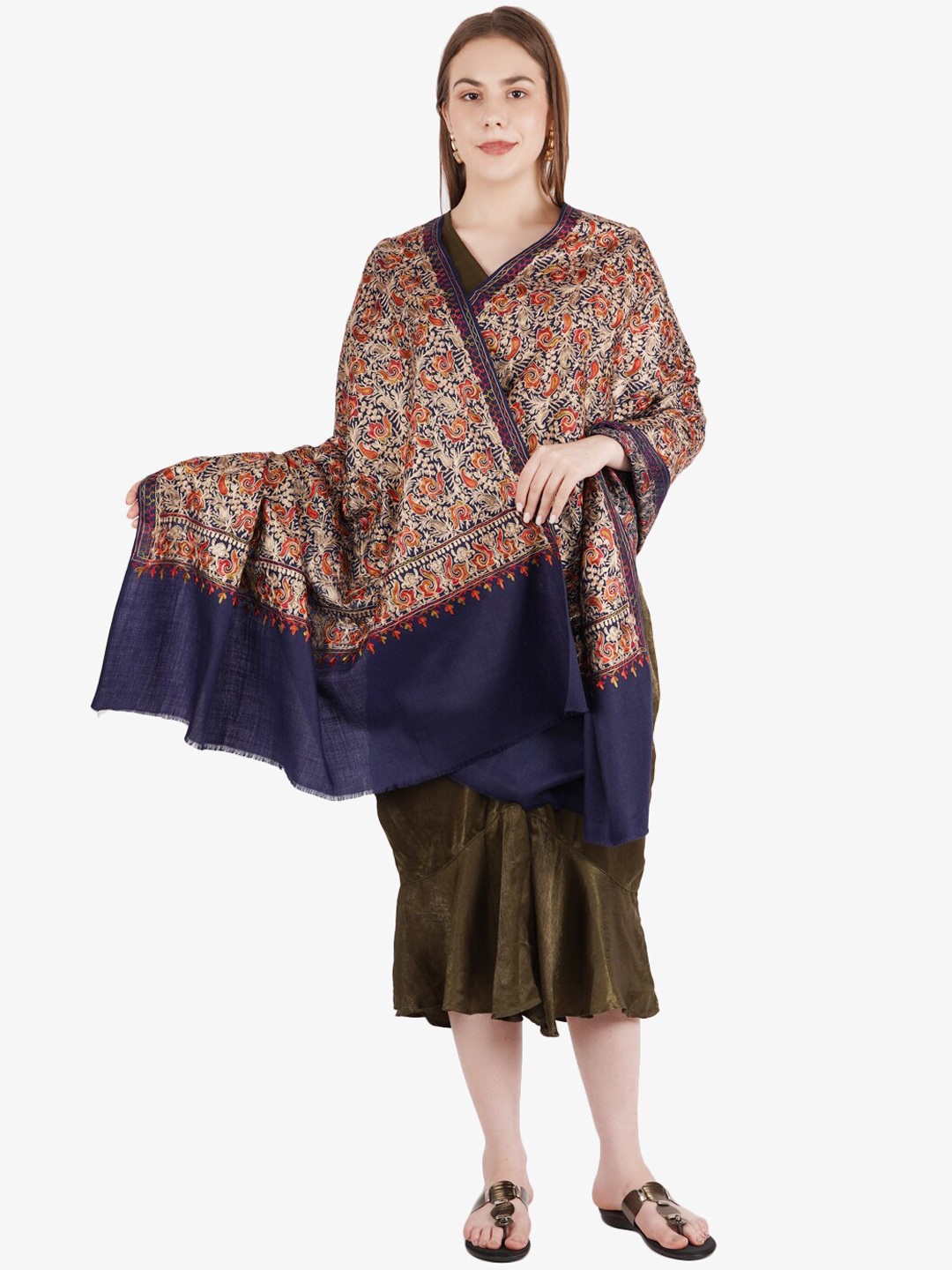 

MUFFLY Women Beige Embroidered Pashmina Woolen Shawl