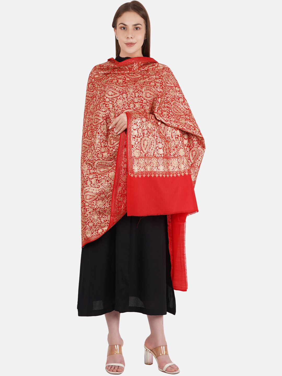 

MUFFLY Women Red Zari Embroidered Shawl