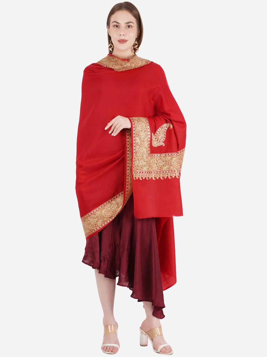 

MUFFLY Women Red & Gold-Toned Embroidered Pashmina Woolen Shawl
