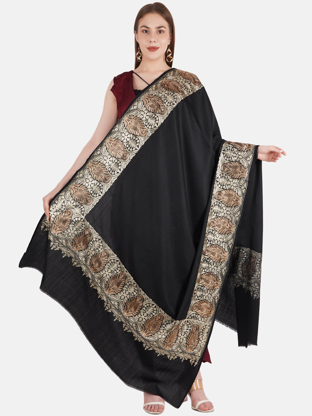 

MUFFLY Women Black & Copper-Toned Embroidered Shawl