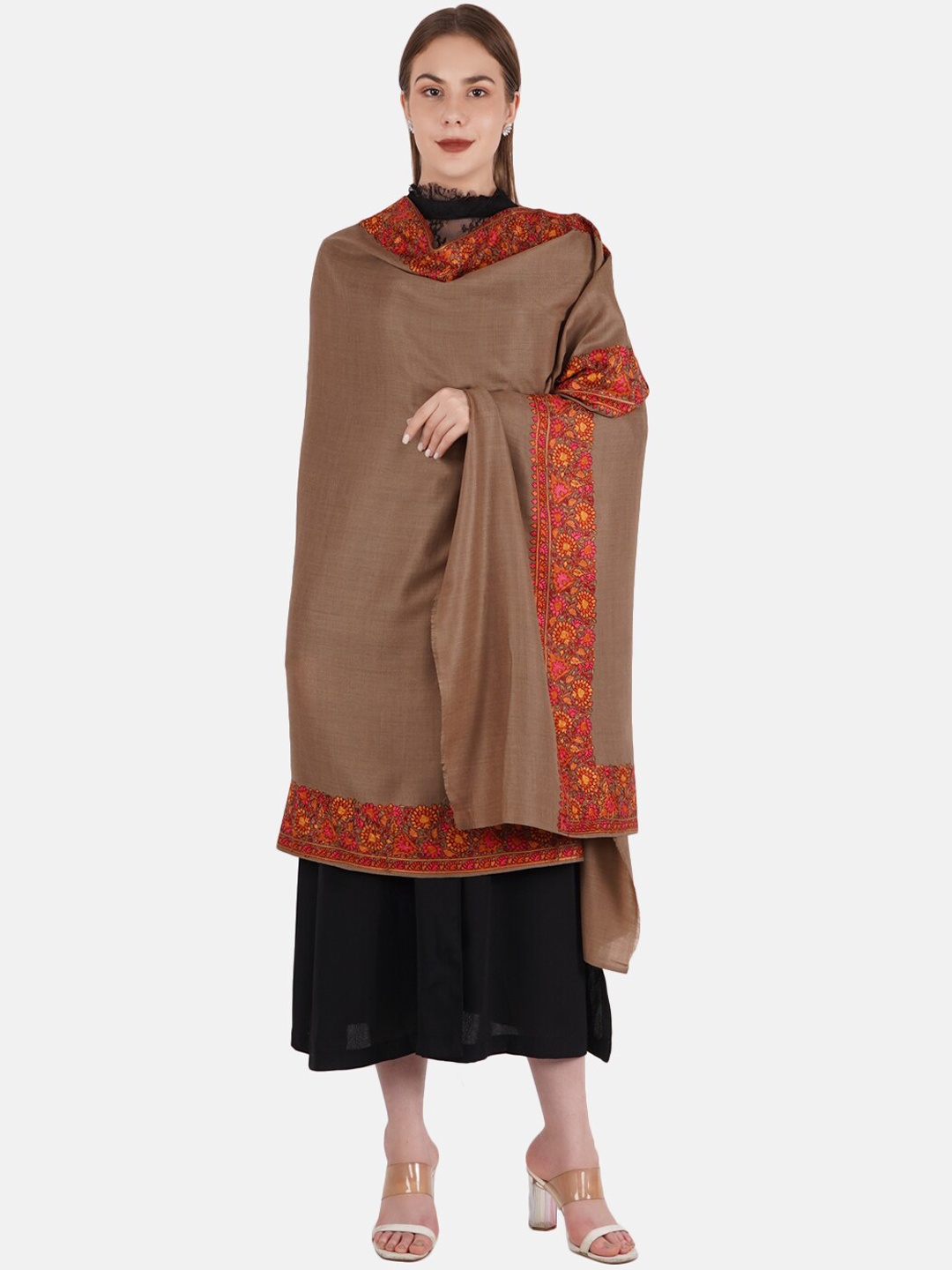 

MUFFLY Women Brown Embroidered Pashmina Woolen Shawl