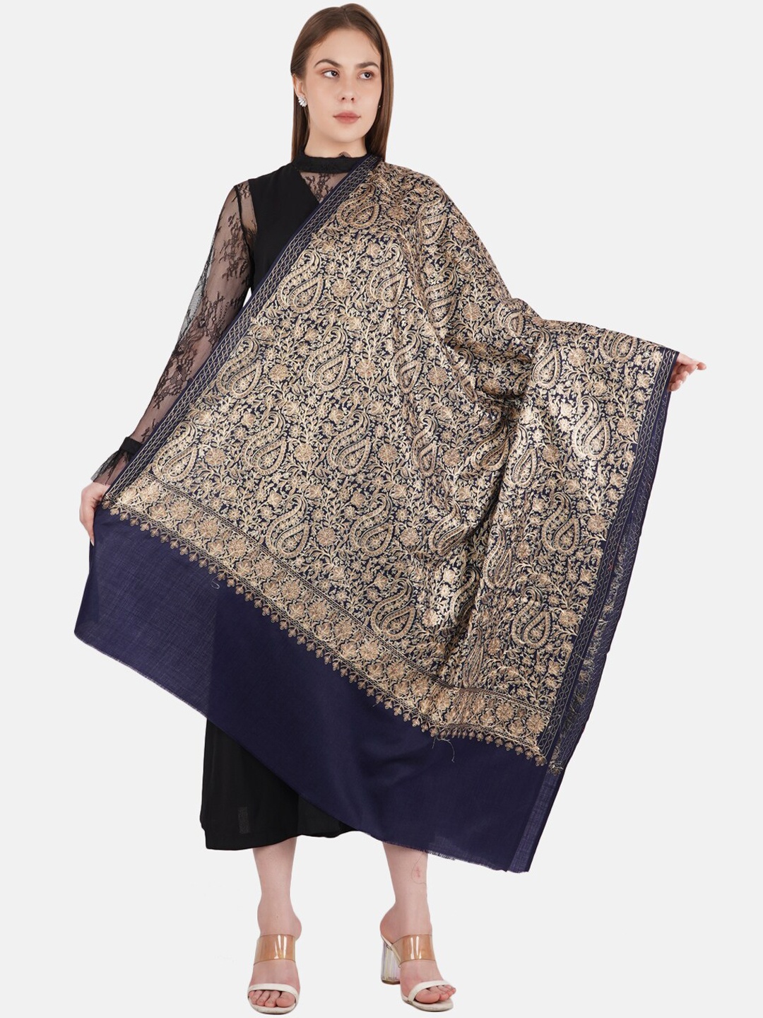 

MUFFLY Women Blue Embroidered Pashmina Woolen Shawl