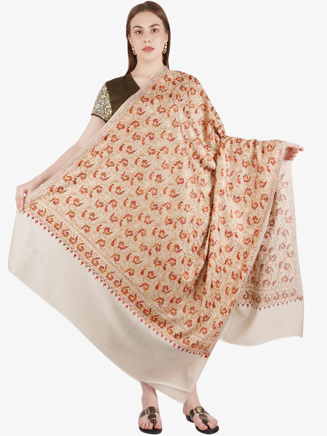 

MUFFLY Women Beige Embroidered Pashmina Woolen Shawl