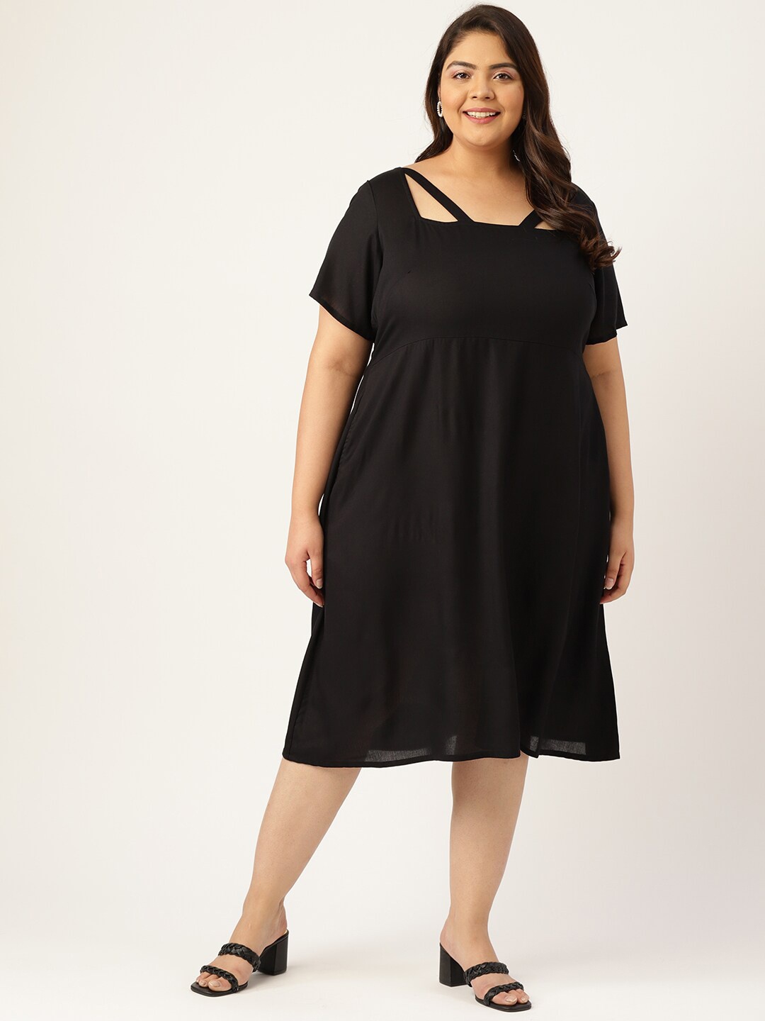 

TheRebelinme Plus Size Women Black A-Line Midi Dress