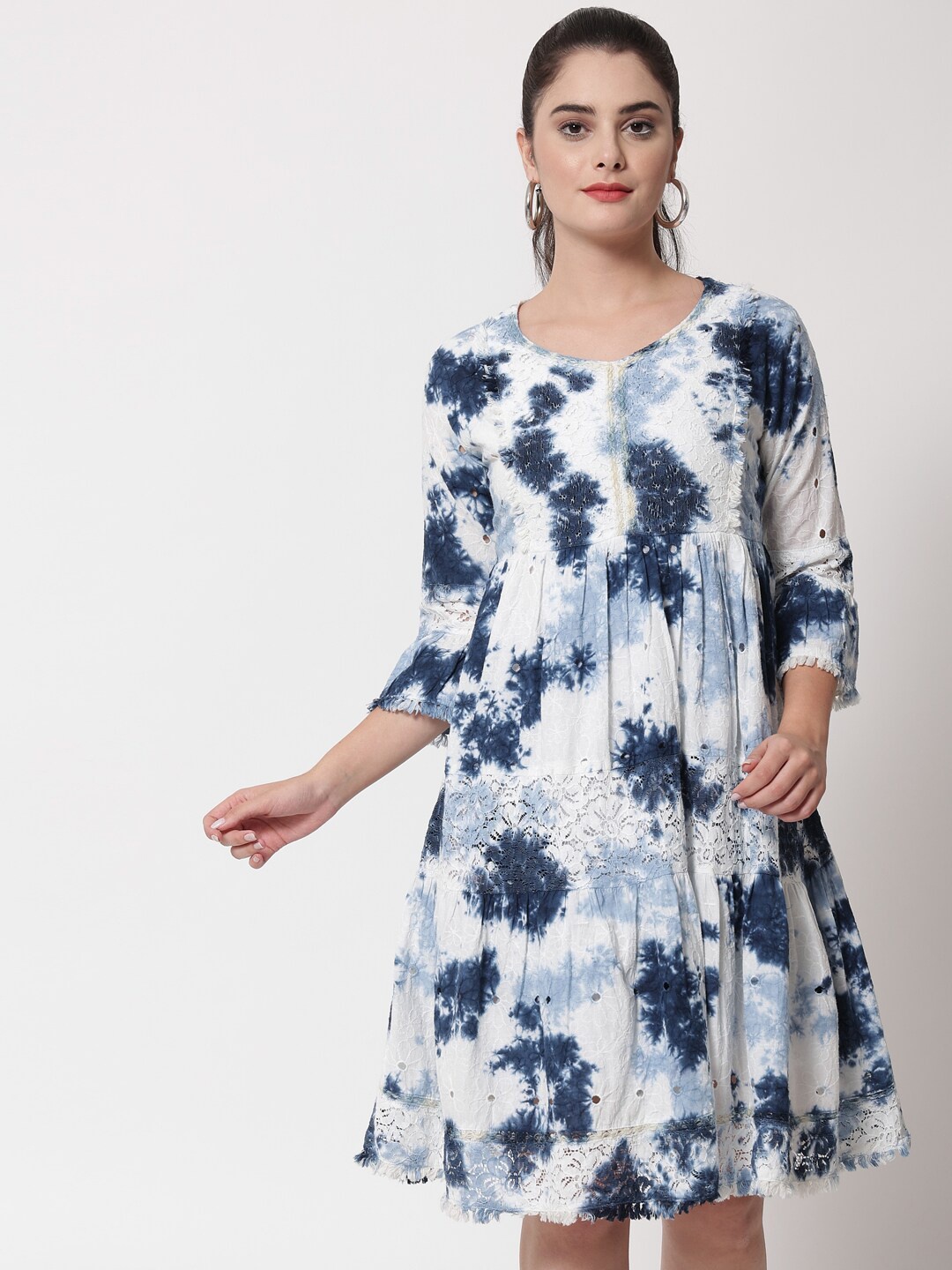 

Spera Women White Blue Tie and Dye Dyed A-Line Dress