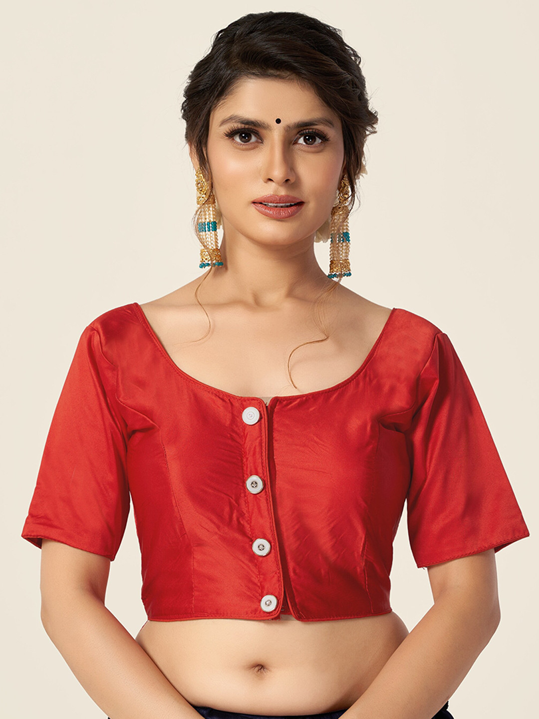

HIMRISE Red Solid Boat Neck Cotton Saree Blouse