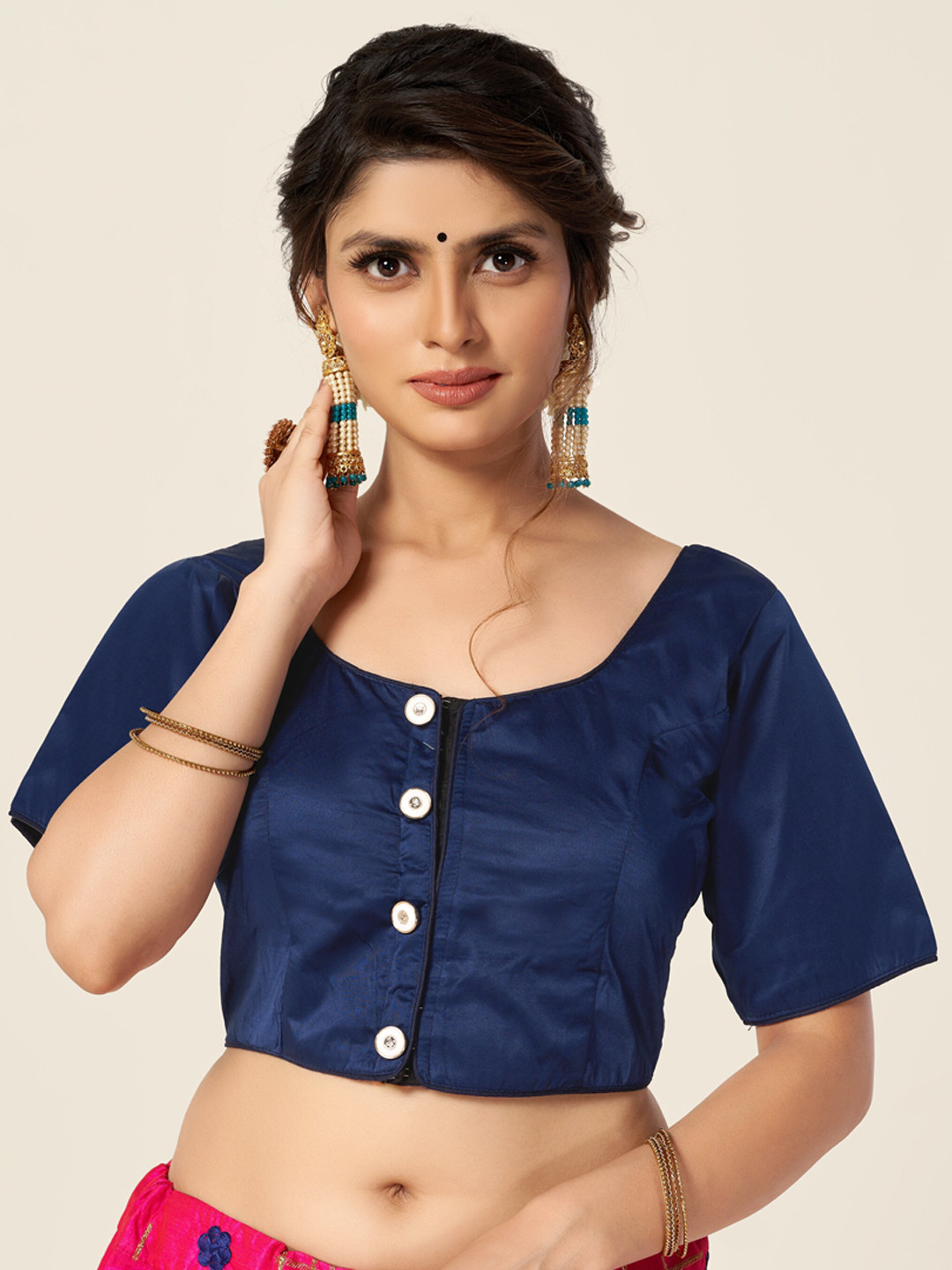 

HIMRISE Women Navy Blue Solid Cotton Saree Blouse