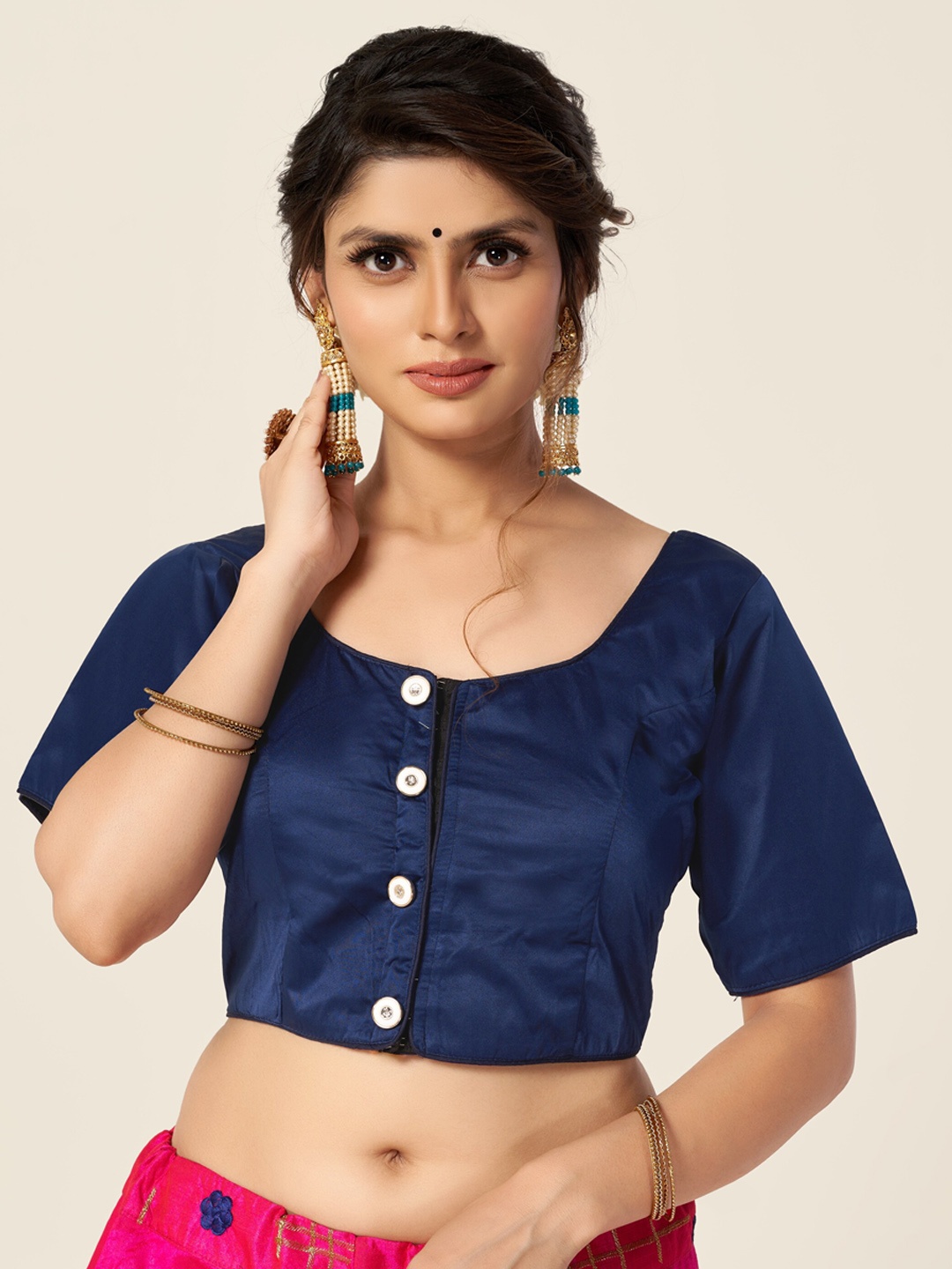 

HIMRISE Women Navy Blue Solid Cotton Saree Blouse