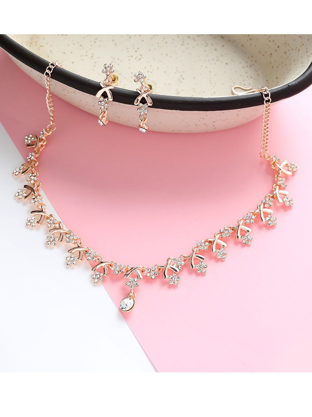 

MAD CLUB Rose Gold-Plated White AD Studded Jewellery Set