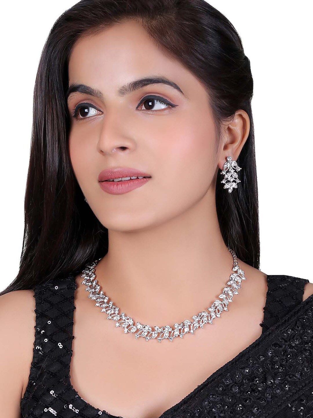 

MAD CLUB Rhodium-Plated White AD Studded Jewellery Set