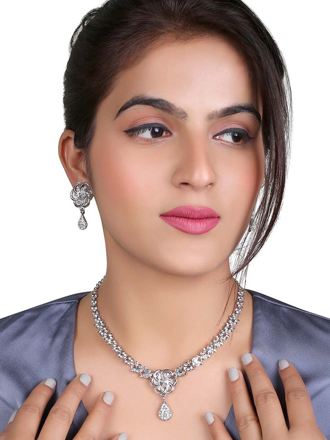 

MAD CLUB Rhodium-Plated White AD Studded Jewellery Set, Silver