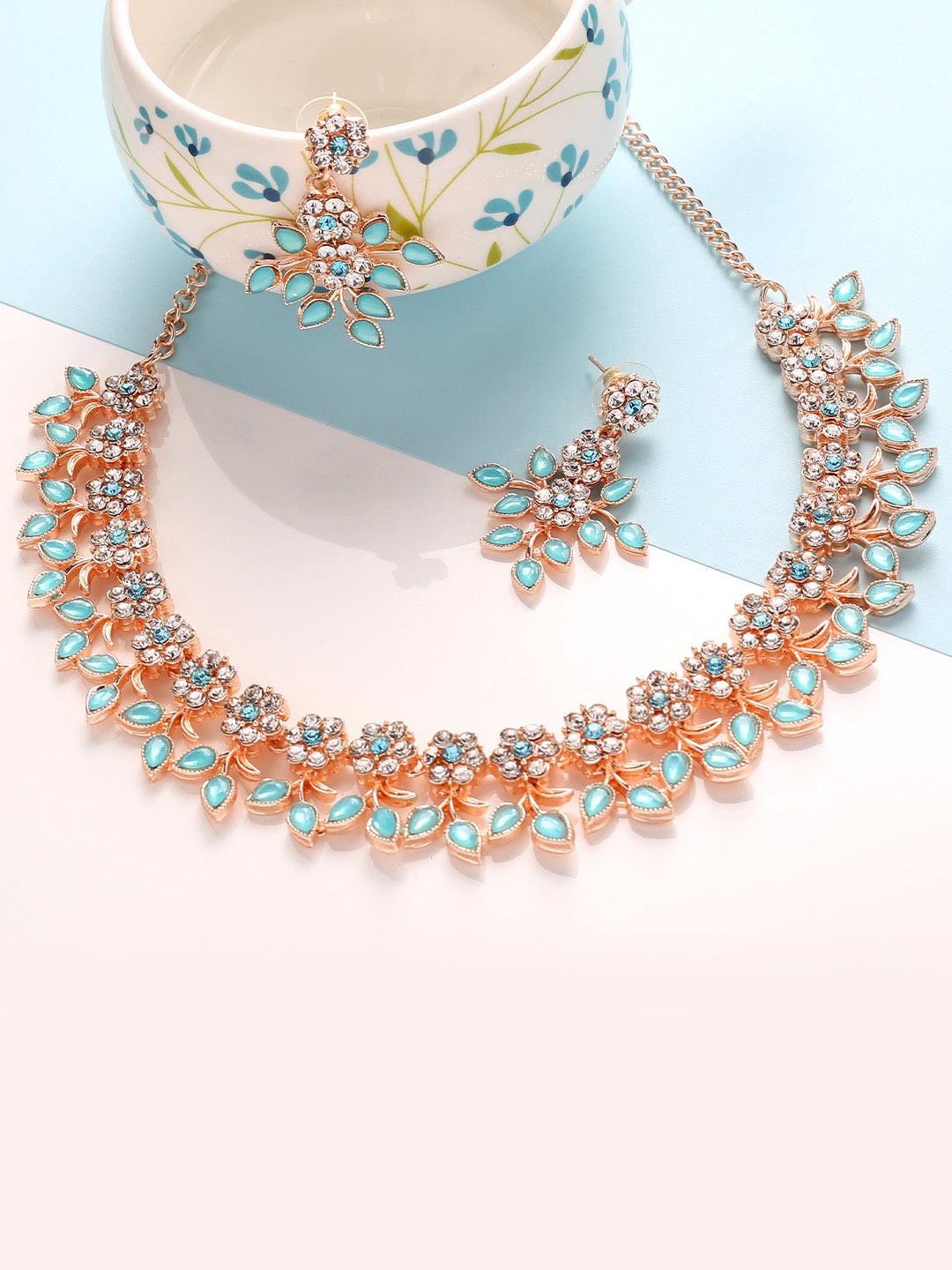 

MAD CLUB Rose Gold-Plated Turquoise Blue AD Studded Jewellery Set
