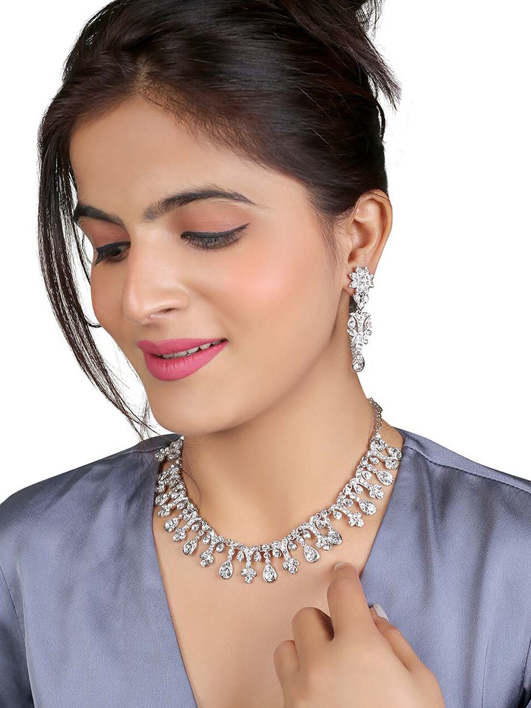 

MAD CLUB Rhodium-Plated & White AD Studded Jewellery Set